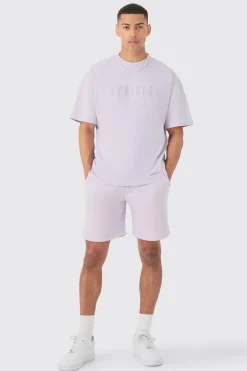 Oversized Extended Neck Official Embossed T-shirt And Relaxed Short Set | BoohooMAN UK