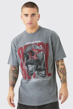 Oversized Extended Neck OFCL Skull Wash T-shirt | BoohooMAN UK