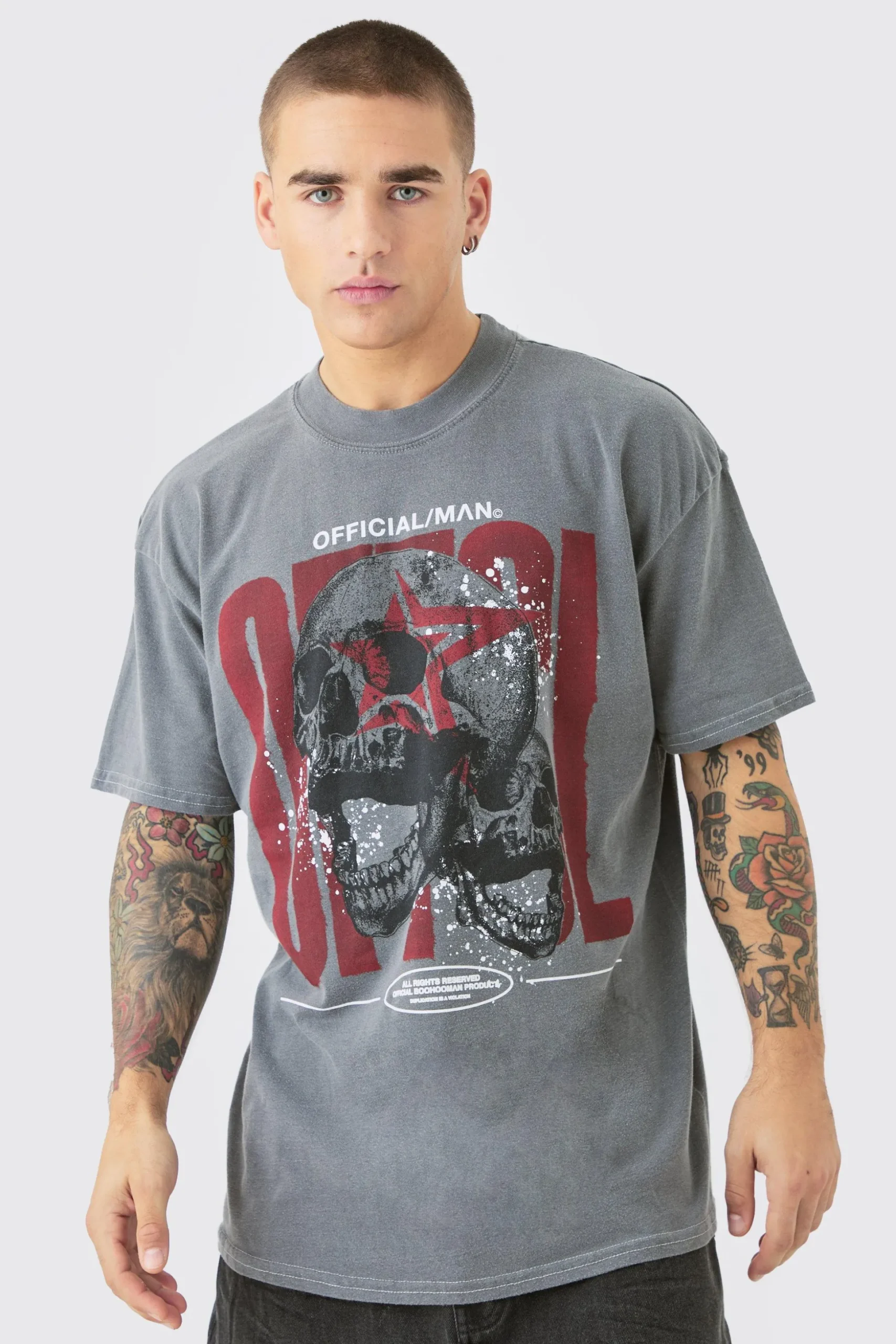 Oversized Extended Neck OFCL Skull Wash T-shirt | BoohooMAN UK