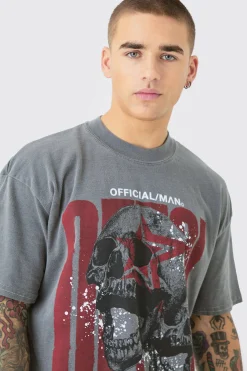 Oversized Extended Neck OFCL Skull Wash T-shirt | BoohooMAN UK