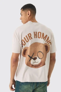 Oversized Extended Neck Over Seams Pour Homme Teddy Print T-Shirt | BoohooMAN UK
