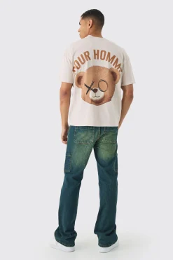 Oversized Extended Neck Over Seams Pour Homme Teddy Print T-Shirt | BoohooMAN UK