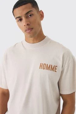Oversized Extended Neck Over Seams Pour Homme Teddy Print T-Shirt | BoohooMAN UK