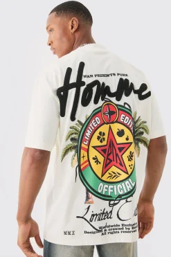 Oversized Extended Neck Printed Homme Embroidered T-shirt | BoohooMAN UK
