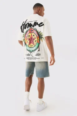 Oversized Extended Neck Printed Homme Embroidered T-shirt | BoohooMAN UK