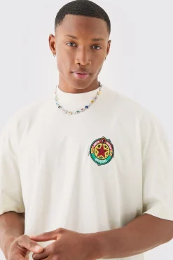 Oversized Extended Neck Printed Homme Embroidered T-shirt | BoohooMAN UK