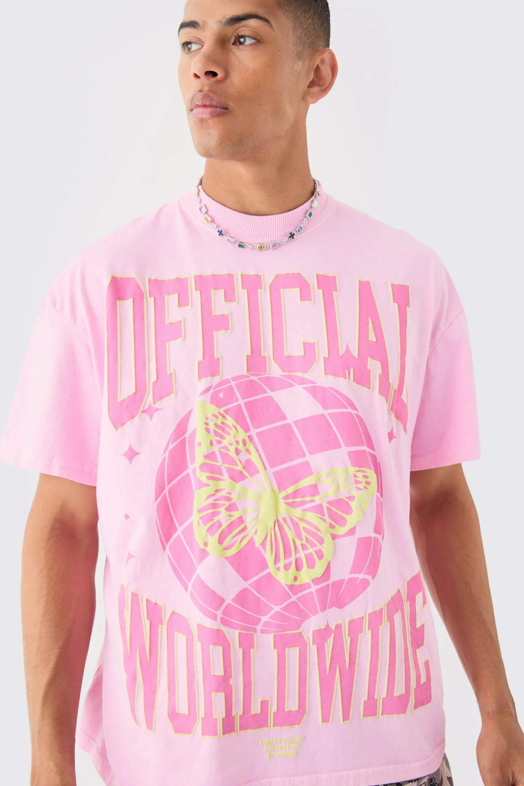 Oversized Extended Neck Puff Print Disco Ball Wash T-shirt | BoohooMAN UK