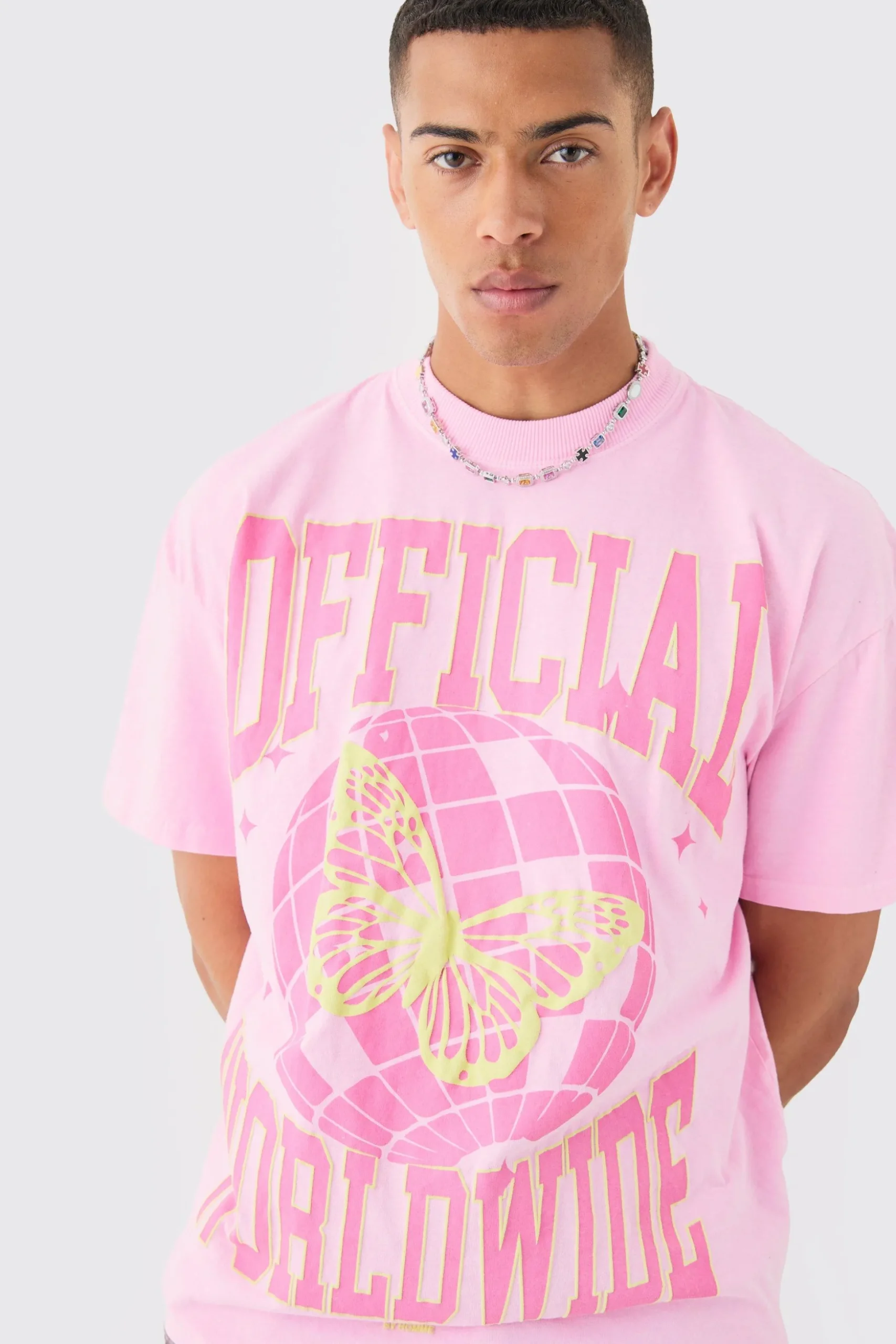Oversized Extended Neck Puff Print Disco Ball Wash T-shirt | BoohooMAN UK