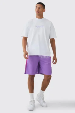 Oversized Extended Neck Raw Hem Script T-shirt & Mesh Short Set | BoohooMAN UK