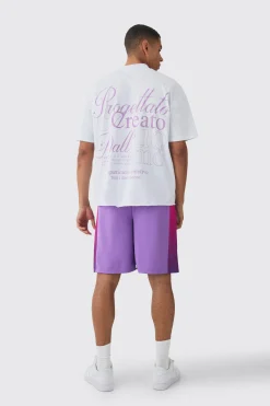 Oversized Extended Neck Raw Hem Script T-shirt & Mesh Short Set | BoohooMAN UK