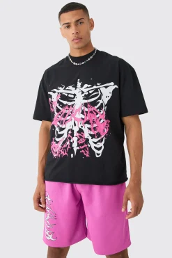 Oversized Extended Neck Raw Hem Skeleton T-shirt And Mesh Shorts Set | BoohooMAN UK
