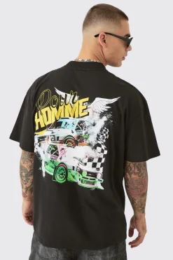 Oversized Extended Neck Race Car Graphic Back Print T-shirt | BoohooMAN UK