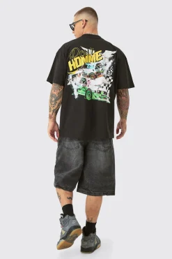 Oversized Extended Neck Race Car Graphic Back Print T-shirt | BoohooMAN UK