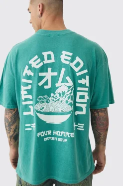 Oversized Extended Neck Ramen Print Wash T-shirt | BoohooMAN UK