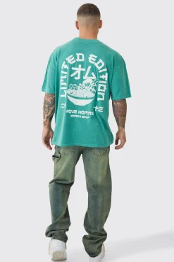 Oversized Extended Neck Ramen Print Wash T-shirt | BoohooMAN UK