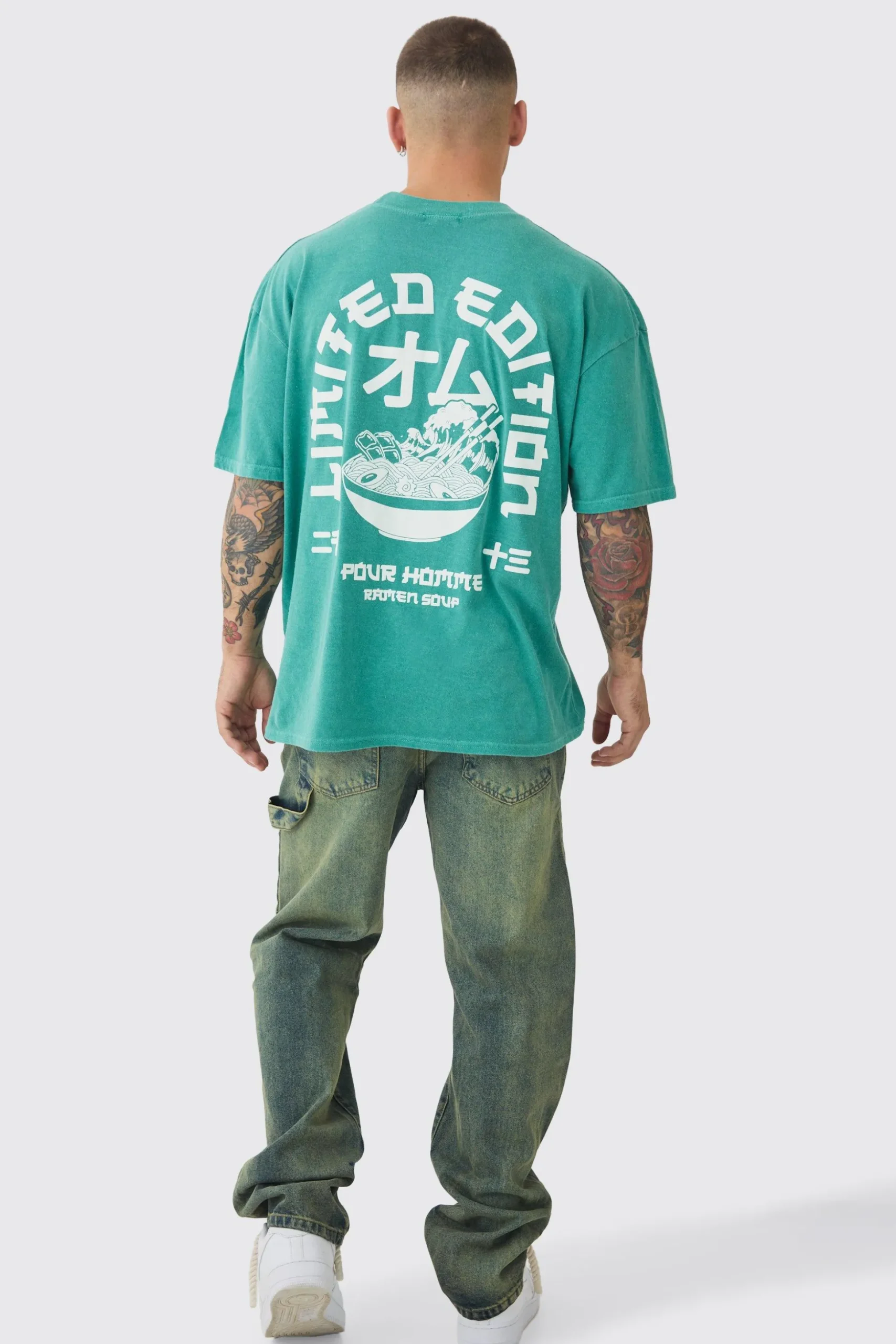 Oversized Extended Neck Ramen Print Wash T-shirt | BoohooMAN UK