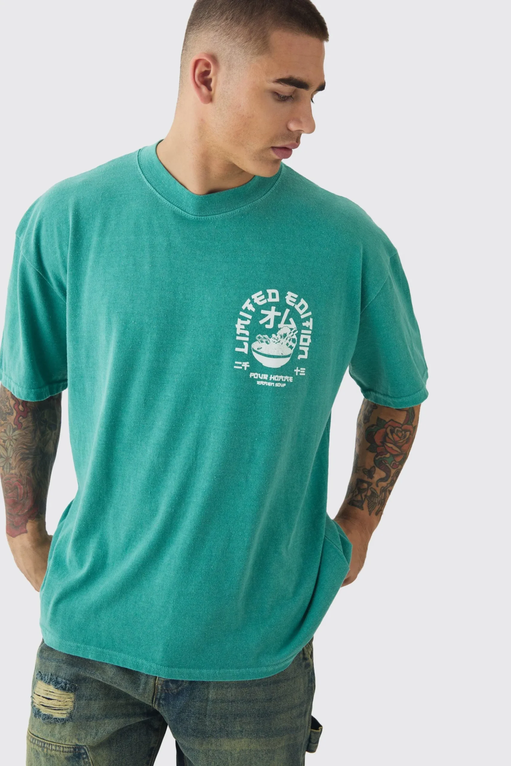 Oversized Extended Neck Ramen Print Wash T-shirt | BoohooMAN UK