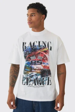 Oversized Extended Neck Racing Print T-Shirt | BoohooMAN UK