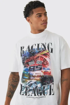 Oversized Extended Neck Racing Print T-Shirt | BoohooMAN UK