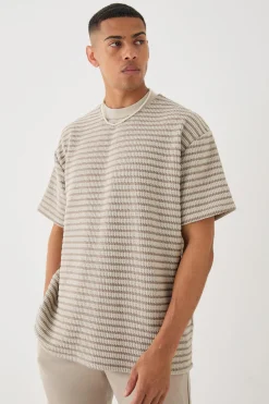 Oversized Extended Neck Striped Textured T-shirt | BoohooMAN UK