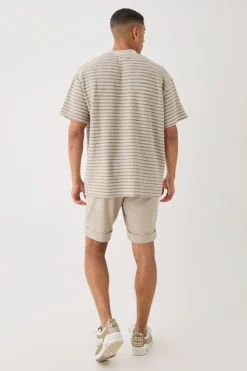 Oversized Extended Neck Striped Textured T-shirt | BoohooMAN UK