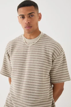 Oversized Extended Neck Striped Textured T-shirt | BoohooMAN UK
