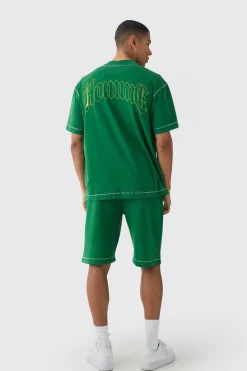 Oversized Extended Neck Star Rhinestone T-shirt & Short Set | BoohooMAN UK