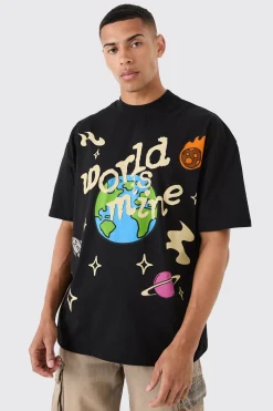 Oversized Extended Neck Space Graphic T-shirt | BoohooMAN UK