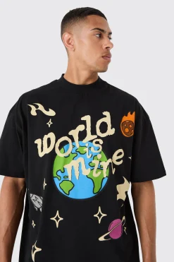 Oversized Extended Neck Space Graphic T-shirt | BoohooMAN UK