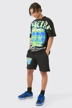 Oversized Extended Neck Skull Large Graphic Shorts Set | BoohooMAN UK