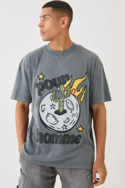 Oversized Extended Neck Space Puff Print T-shirt | BoohooMAN UK