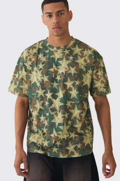 Oversized Extended Neck Star Camo T-shirt | BoohooMAN UK