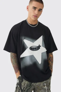 Oversized Extended Neck Star Applique Graphic T-shirt | BoohooMAN UK