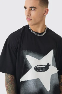 Oversized Extended Neck Star Applique Graphic T-shirt | BoohooMAN UK