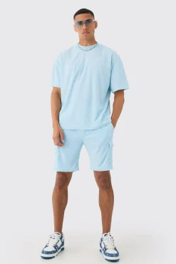Oversized Extended Neck Towelling T-shirt & Cargo Shorts | BoohooMAN UK