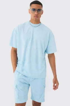 Oversized Extended Neck Towelling T-shirt & Cargo Shorts | BoohooMAN UK