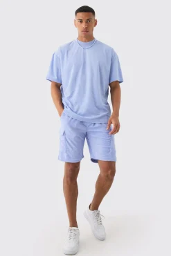 Oversized Extended Neck Towelling T-shirt & Cargo Shorts Set | BoohooMAN UK