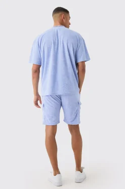 Oversized Extended Neck Towelling T-shirt & Cargo Shorts Set | BoohooMAN UK
