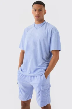 Oversized Extended Neck Towelling T-shirt & Cargo Shorts Set | BoohooMAN UK