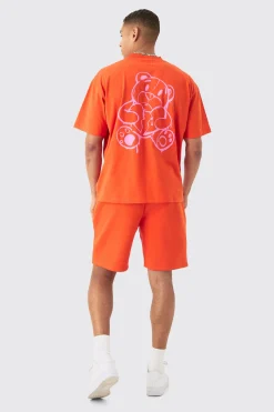 Oversized Extended Neck Teddy Homme Print T-shirt | BoohooMAN UK