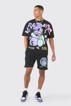 Oversized Extended Neck Teddy Large Graphic Shorts Set | BoohooMAN UK
