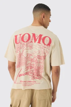 Oversized Extended Neck Uomo Landscape Back Print Raw Hem T-Shirt | BoohooMAN UK
