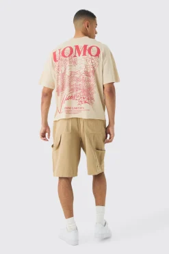Oversized Extended Neck Uomo Landscape Back Print Raw Hem T-Shirt | BoohooMAN UK