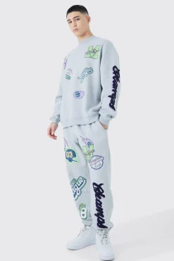 Oversized Extended Neck Varsity Badge Sweatshirt Tracksuit | BoohooMAN UK