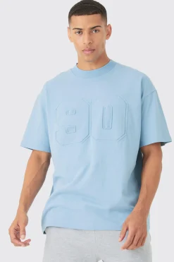 Oversized Extended Neck Varsity Embossed T-shirt | BoohooMAN UK