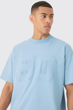 Oversized Extended Neck Varsity Embossed T-shirt | BoohooMAN UK