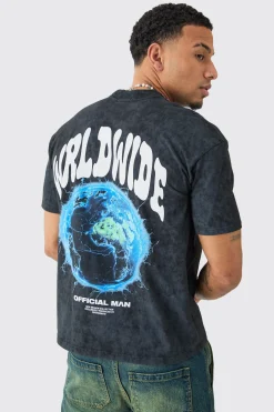 Oversized Extended Neck Worldwide Wash T-Shirt | BoohooMAN UK
