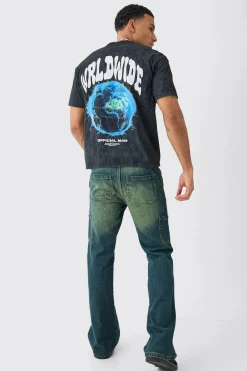 Oversized Extended Neck Worldwide Wash T-Shirt | BoohooMAN UK