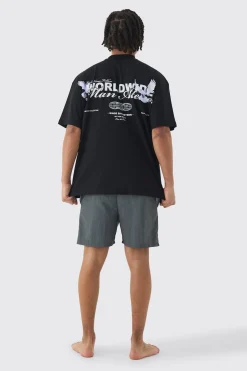 Oversized Extended Neck Worldwide Back Print T-shirt & Swim Set | BoohooMAN UK