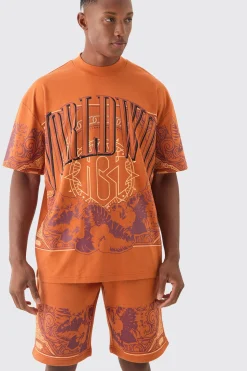 Oversized Extended Neck Worldwide Graphic T-shirt & Shorts Set | BoohooMAN UK